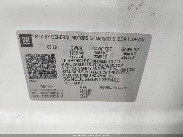 46252508 :رقم المزاد ، 3GNCJLSB5KL388401 vin ، 2019 Chevrolet Trax Lt مزاد بيع