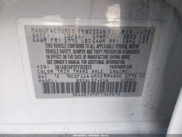 46252512 :رقم المزاد ، 3N1AB7AP2FY362870 vin ، 2015 Nissan Sentra Sv مزاد بيع