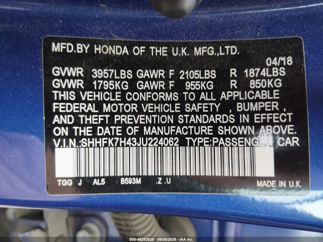 Продаж на аукціоні авто 2018 Honda Civic Sport, vin: SHHFK7H43JU224062, номер лоту: 46252520