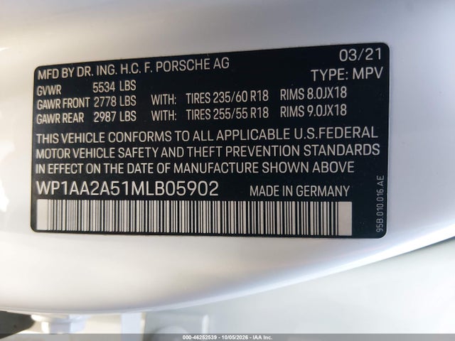 Aukcja sprzedaży 2021 Porsche Macan, vin: WP1AA2A51MLB05902, numer aukcji: 46252539