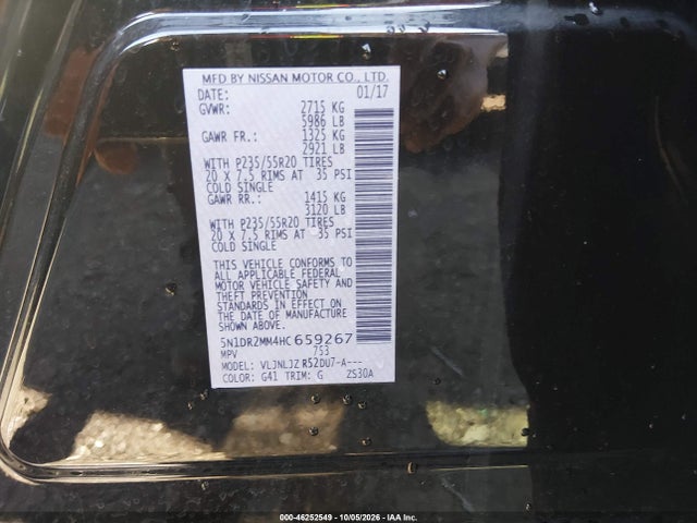46252549 :رقم المزاد ، 5N1DR2MM4HC659267 vin ، 2017 Nissan Pathfinder Platinum مزاد بيع