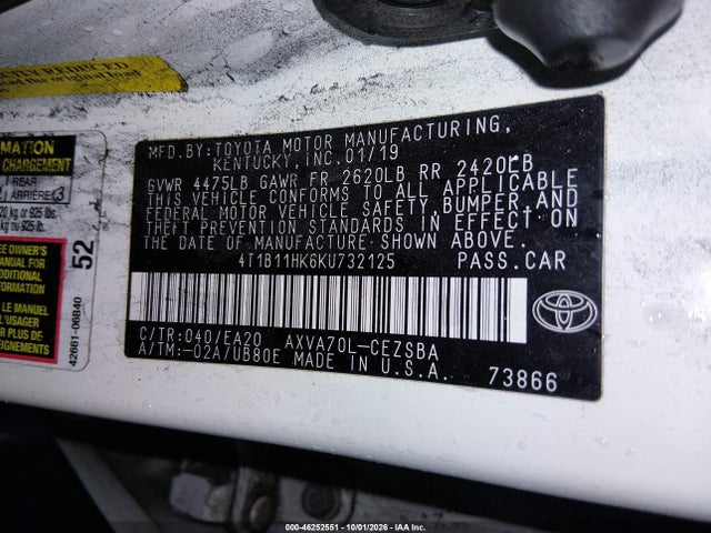 46252551 :رقم المزاد ، 4T1B11HK6KU732125 vin ، 2019 Toyota Camry Se مزاد بيع