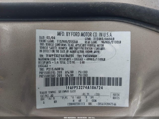 Продажа на аукционе авто 2004 Ford Taurus Se, vin: 1FAFP53274A186724, номер лота: 46252554