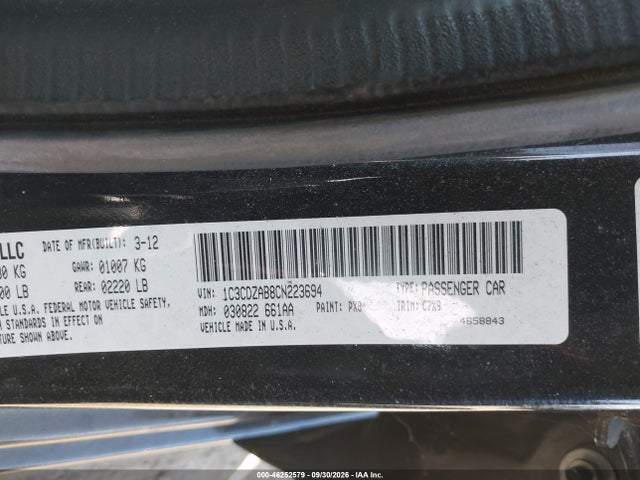 46252579 :رقم المزاد ، 1C3CDZAB8CN223694 vin ، 2012 Dodge Avenger Se مزاد بيع