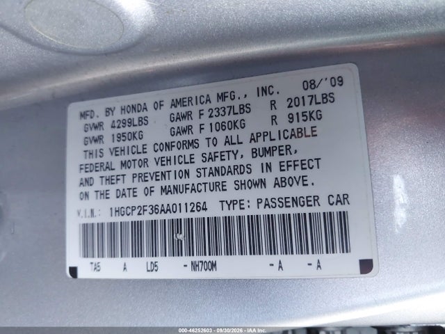 Продаж на аукціоні авто 2010 Honda Accord 2.4 Lx, vin: 1HGCP2F36AA011264, номер лоту: 46252603