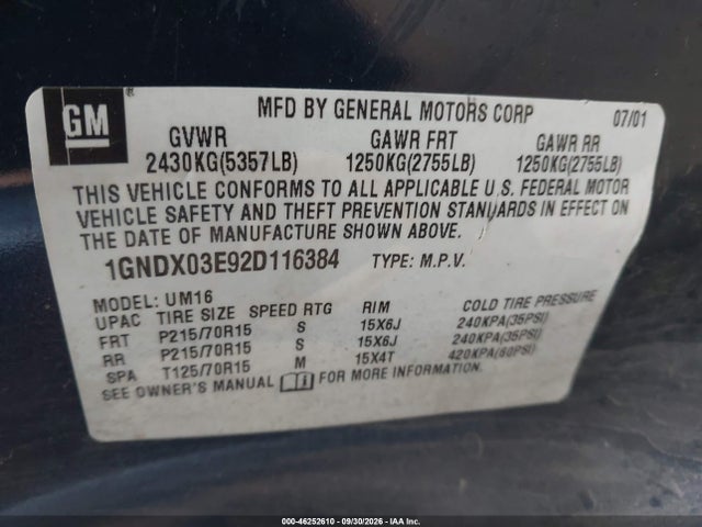46252610 :رقم المزاد ، 1GNDX03E92D116384 vin ، 2002 Chevrolet Venture Ls مزاد بيع