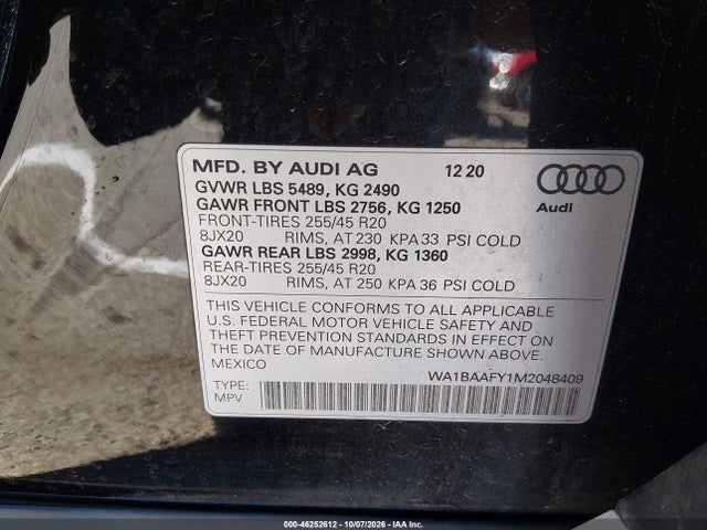 46252612 :رقم المزاد ، WA1BAAFY1M2048409 vin ، 2021 Audi Q5 Premium Plus 45 Tfsi Quattro S Tronic مزاد بيع