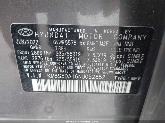 Aukcja sprzedaży 2022 Hyundai Santa Fe Hybrid Limited, vin: KM8S5DA16NU052852, numer aukcji: 46252662