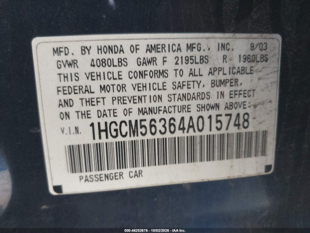 46252676 :رقم المزاد ، 1HGCM56364A015748 vin ، 2004 Honda Accord 2.4 Lx مزاد بيع
