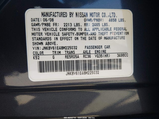 46252710 :رقم المزاد ، JNKBV61E48M225032 vin ، 2008 Infiniti G35 Journey مزاد بيع