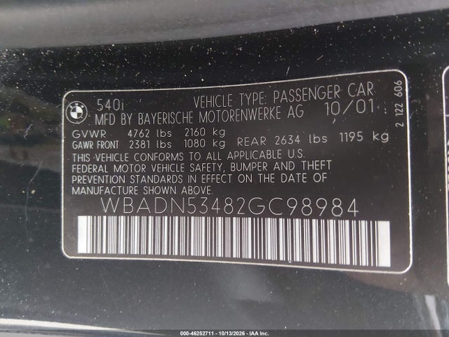 Продаж на аукціоні авто 2002 Bmw 540i, vin: WBADN53482GC98984, номер лоту: 46252711