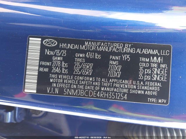 Продажа на аукционе авто 2024 Hyundai Tucson Sel, vin: 5NMJBCDE4RH351254, номер лота: 46252718