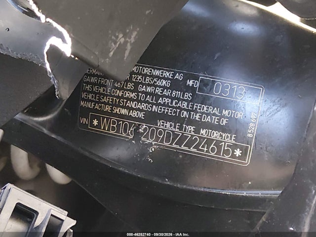 46252740 :رقم المزاد ، WB1061209DZZ24615 vin ، 2013 Bmw K1600 Gtl مزاد بيع
