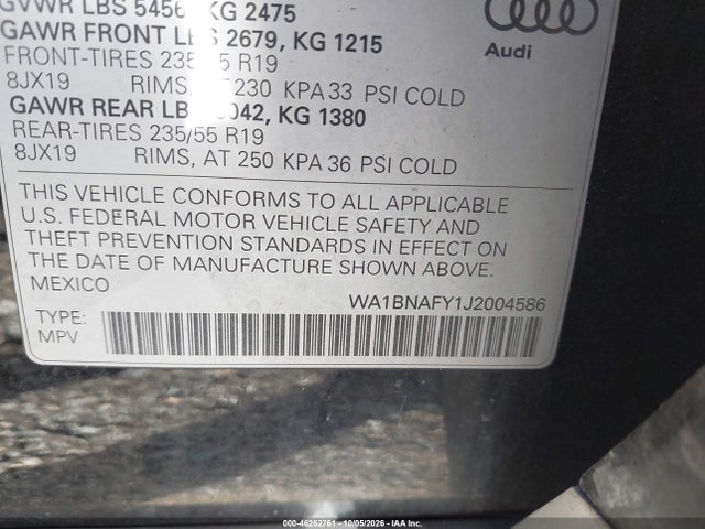 46252761 :رقم المزاد ، WA1BNAFY1J2004586 vin ، 2018 Audi Q5 2.0t Premium/2.0t Tech Premium مزاد بيع