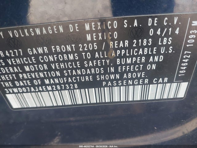 Продаж на аукціоні авто 2014 Volkswagen Jetta 1.8t Se, vin: 3VWD07AJ4EM287328, номер лоту: 46252764