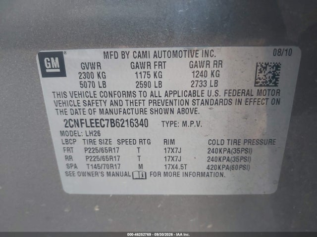 46252769 :رقم المزاد ، 2CNFLEEC7B6216340 vin ، 2011 Chevrolet Equinox 1lt مزاد بيع