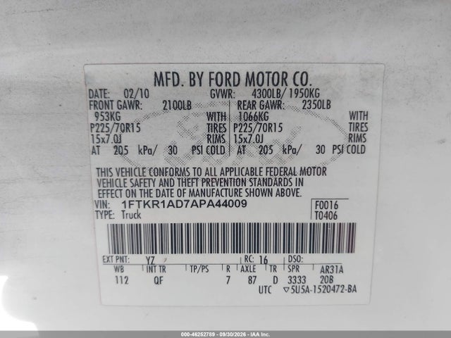 2010 Ford Ranger Xl/xlt მანქანა იყიდება აუქციონზე, vin: 1FTKR1AD7APA44009, აუქციონის ნომერი: 46252789