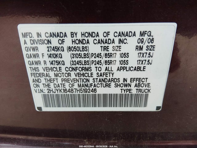 Продаж на аукціоні авто 2007 Honda Ridgeline Rts, vin: 2HJYK16487H519246, номер лоту: 46252844