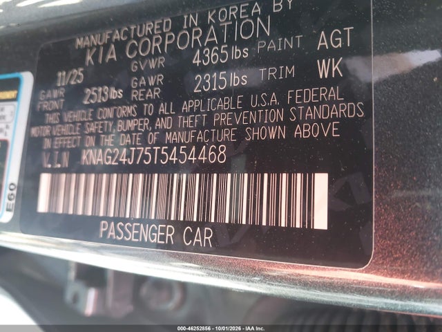 46252856 :رقم المزاد ، KNAG24J75T5454468 vin ، 2026 Kia K5 Lxs Fwd مزاد بيع