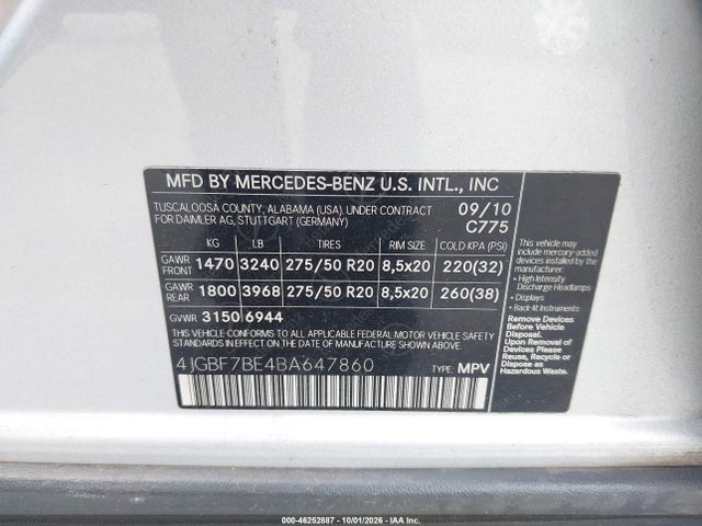 Aukcja sprzedaży 2011 Mercedes-benz Gl 450 4matic, vin: 4JGBF7BE4BA647860, numer aukcji: 46252887
