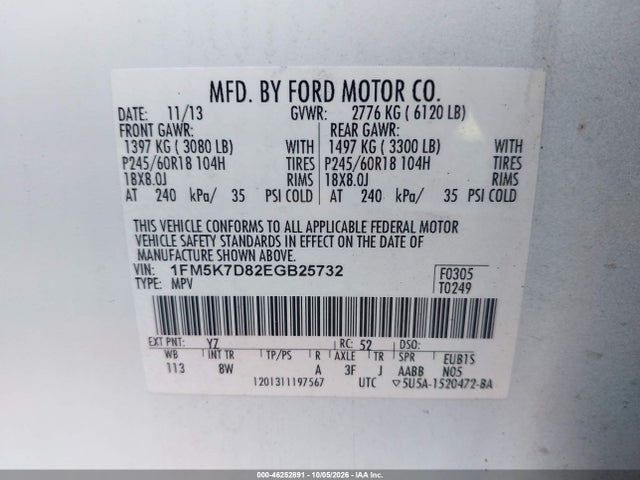 2014 Ford Explorer Xlt მანქანა იყიდება აუქციონზე, vin: 1FM5K7D82EGB25732, აუქციონის ნომერი: 46252891