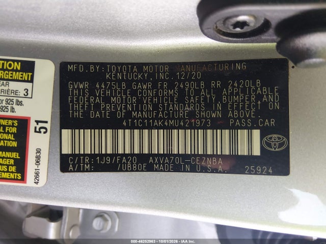 46252963 :رقم المزاد ، 4T1C11AK4MU421973 vin ، 2021 Toyota Camry Le مزاد بيع
