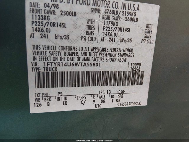 Auction sale of the 1998 Ford Ranger Splash/xl/xlt, vin: 1FTYR14U6WTA55801, lot number: 46252968
