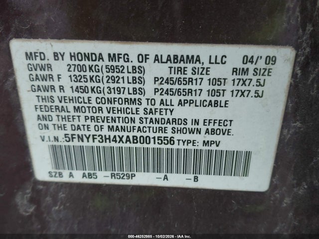 Продажа на аукционе авто 2010 Honda Pilot Ex, vin: 5FNYF3H4XAB001556, номер лота: 46252985