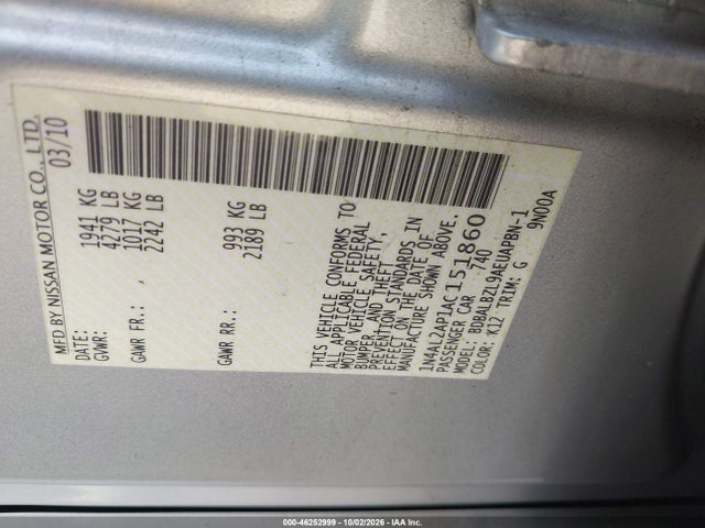 Aukcja sprzedaży 2010 Nissan Altima 2.5 S, vin: 1N4AL2AP1AC151860, numer aukcji: 46252999