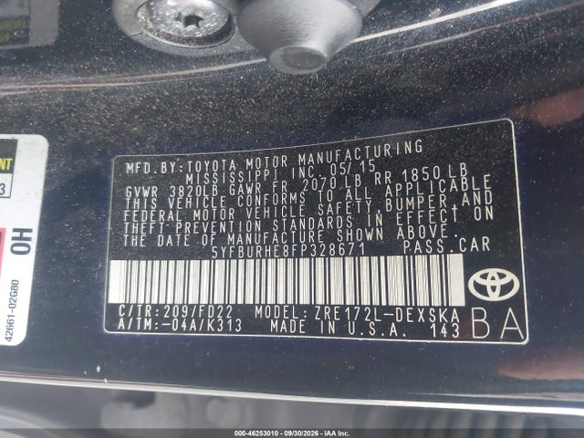 46253010 :رقم المزاد ، 5YFBURHE8FP328671 vin ، 2015 Toyota Corolla S Plus مزاد بيع