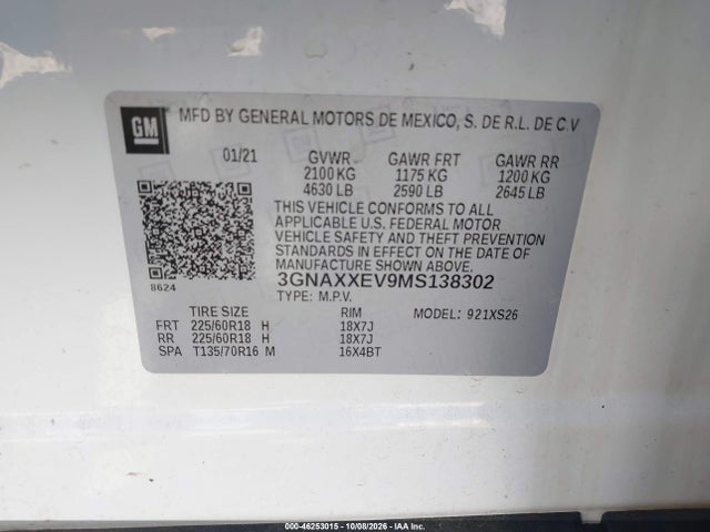 2021 Chevrolet Equinox Awd Premier მანქანა იყიდება აუქციონზე, vin: 3GNAXXEV9MS138302, აუქციონის ნომერი: 46253015