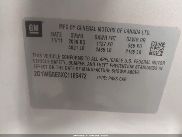 Aukcja sprzedaży 2012 Chevrolet Impala Lt, vin: 2G1WG5E3XC1185472, numer aukcji: 46253016