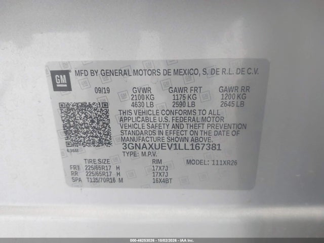 2020 Chevrolet Equinox Awd Lt 1.5l Turbo მანქანა იყიდება აუქციონზე, vin: 3GNAXUEV1LL167381, აუქციონის ნომერი: 46253026