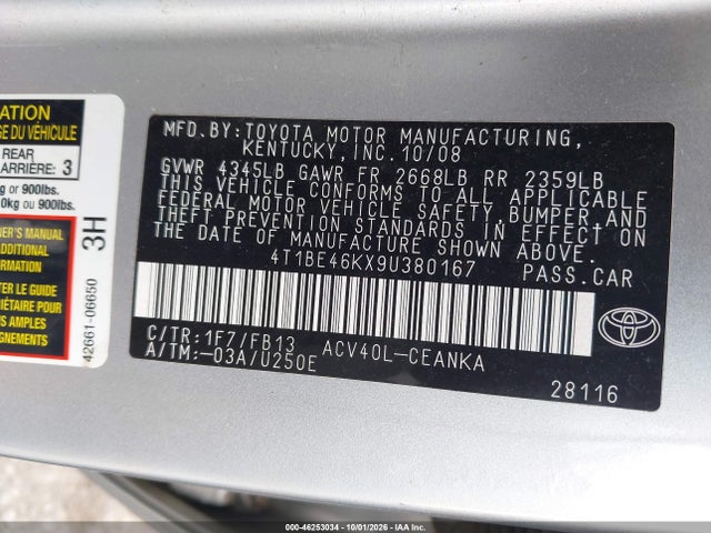 2009 Toyota Camry Se/le/xle მანქანა იყიდება აუქციონზე, vin: 4T1BE46KX9U380167, აუქციონის ნომერი: 46253034