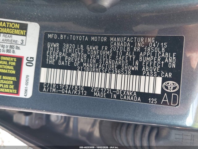 46253059 :رقم المزاد ، 2T1BURHE5FC396538 vin ، 2015 Toyota Corolla Le مزاد بيع
