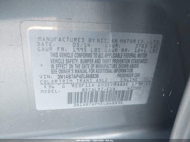 2014 Nissan Sentra Sv მანქანა იყიდება აუქციონზე, vin: 3N1AB7AP4EL668836, აუქციონის ნომერი: 46253081