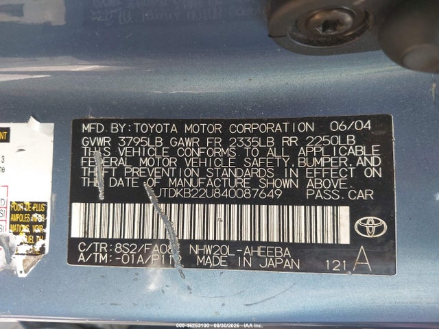 Продаж на аукціоні авто 2004 Toyota Prius, vin: JTDKB22U840087649, номер лоту: 46253100
