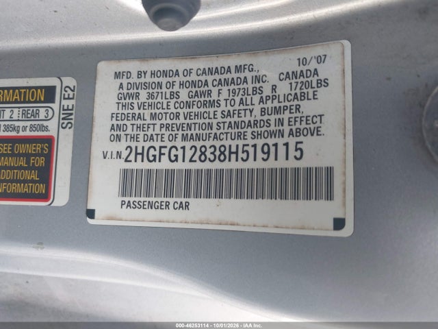 Продаж на аукціоні авто 2008 Honda Civic Ex, vin: 2HGFG12838H519115, номер лоту: 46253114