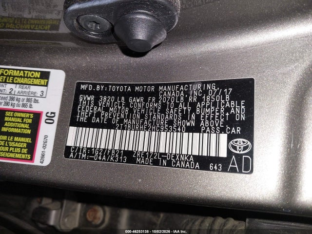 46253138 :رقم المزاد ، 2T1BURHE2HC953540 vin ، 2017 Toyota Corolla Le مزاد بيع