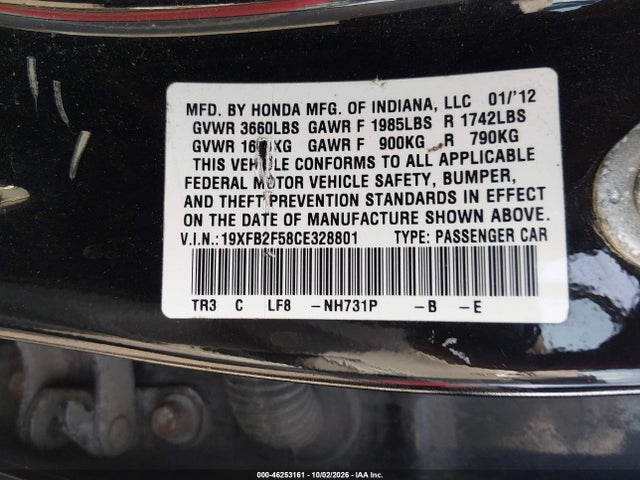 2012 Honda Civic Lx მანქანა იყიდება აუქციონზე, vin: 19XFB2F58CE328801, აუქციონის ნომერი: 46253161