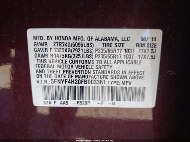 Aukcja sprzedaży 2015 Honda Pilot Lx, vin: 5FNYF4H20FB003361, numer aukcji: 46253200