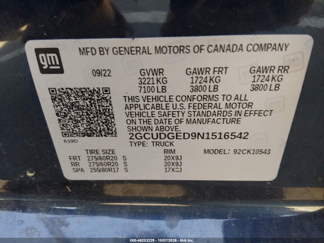 Продаж на аукціоні авто 2022 Chevrolet Silverado 1500 4wd  Short Bed Ltz, vin: 2GCUDGED9N1516542, номер лоту: 46253229
