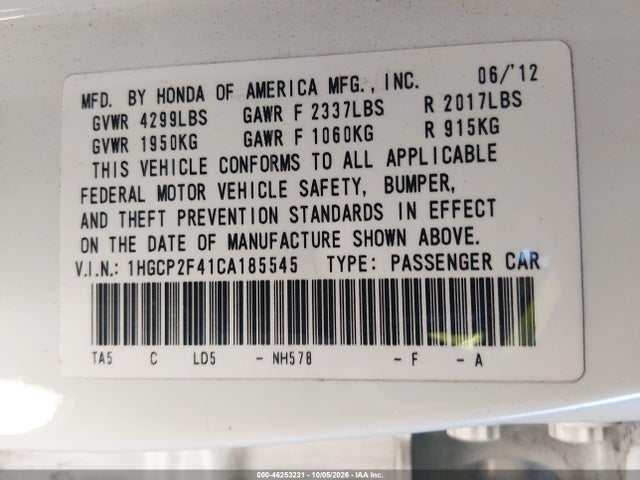 Продаж на аукціоні авто 2012 Honda Accord 2.4 Lx-p, vin: 1HGCP2F41CA185545, номер лоту: 46253231