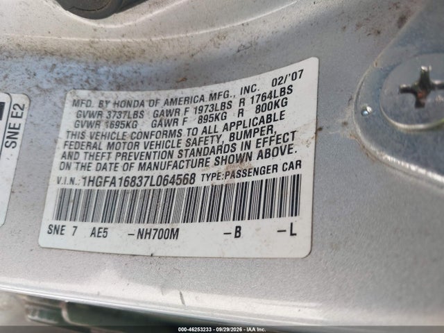 Продажа на аукционе авто 2007 Honda Civic Ex, vin: 1HGFA16837L064568, номер лота: 46253233