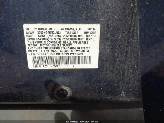 Продаж на аукціоні авто 2014 Honda Pilot Ex-l, vin: 5FNYF3H59EB018699, номер лоту: 46253237