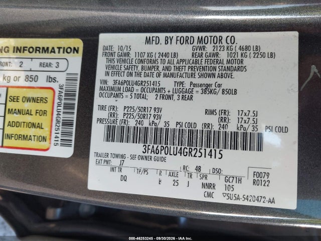 46253245 :رقم المزاد ، 3FA6P0LU4GR251415 vin ، 2016 Ford Fusion Hybrid Se مزاد بيع