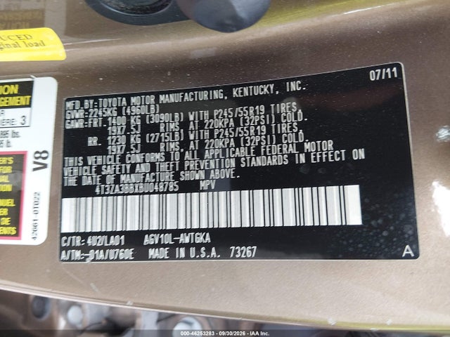 2011 Toyota Venza მანქანა იყიდება აუქციონზე, vin: 4T3ZA3BBXBU048785, აუქციონის ნომერი: 46253283