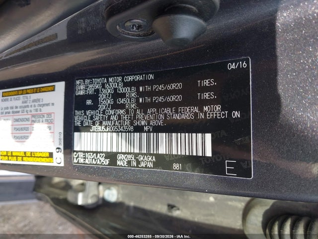 46253285 :رقم المزاد ، JTEBU5JR0G5343598 vin ، 2016 Toyota 4runner Limited مزاد بيع