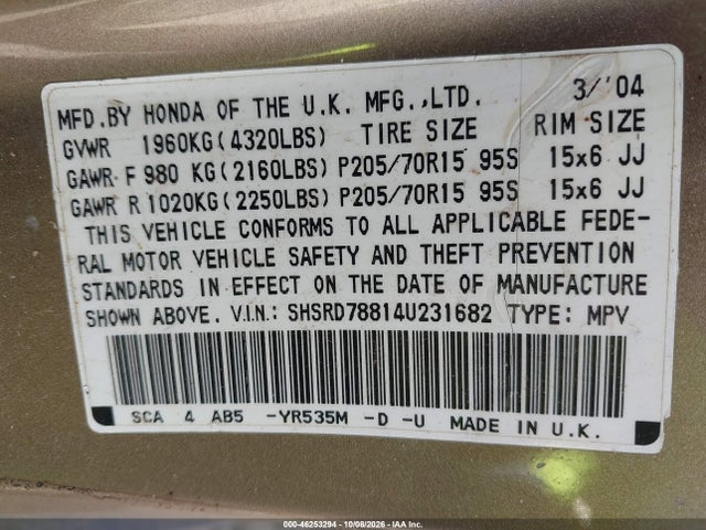 Aukcja sprzedaży 2004 Honda Cr-v Ex, vin: SHSRD78814U231682, numer aukcji: 46253294