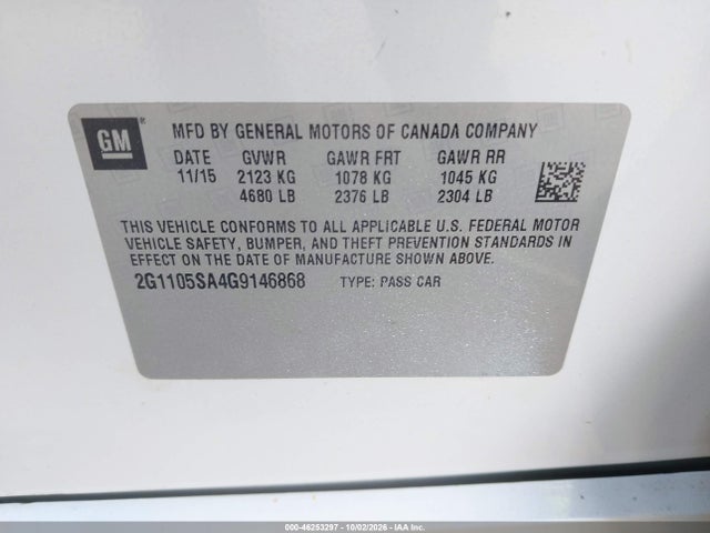 Aukcja sprzedaży 2016 Chevrolet Impala 1lt, vin: 2G1105SA4G9146868, numer aukcji: 46253297
